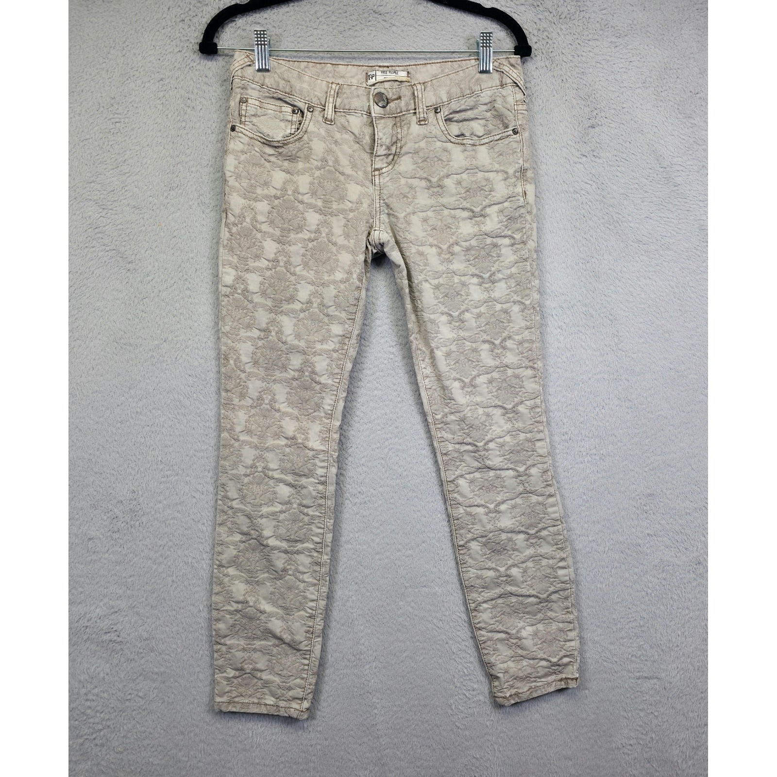 Free People Jeans Womens 26 Beige Skinny Low Rise Embossed Floral Boho Stretch